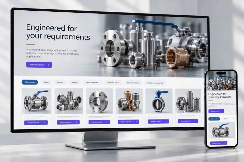 Industrial product catalogue with enquiry buttons displayed on desktop and mobile