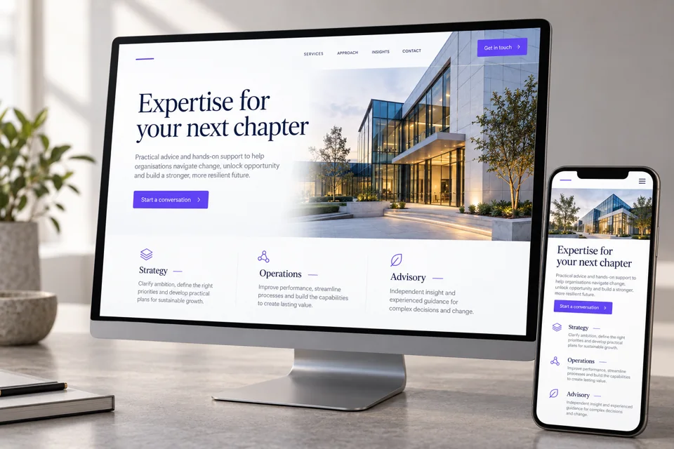Professional services website with navy typography displayed on desktop and mobile